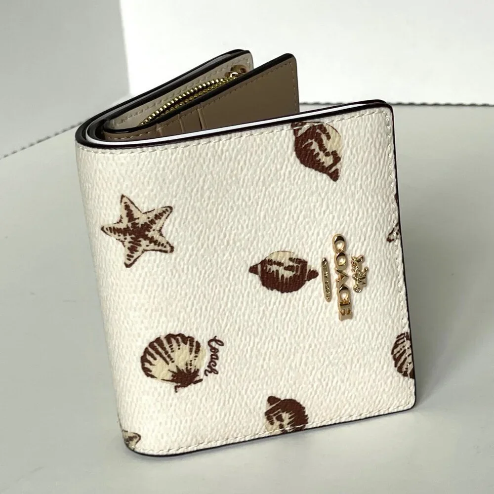 Coach Shell Print Snap ID Wallet White Brown Small Billfold - Picture 6 of 8